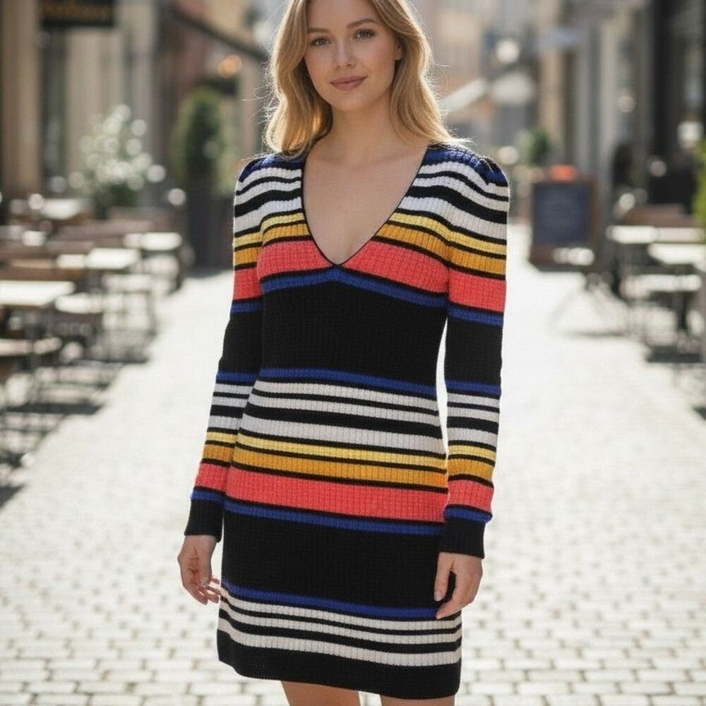 Free People Multi Color Shift Mini Dress Sz XS Deep V Neck Stretchy